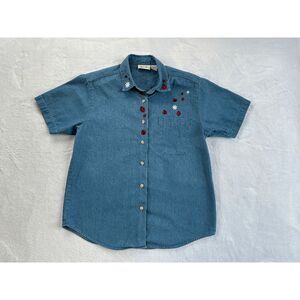 Christopher & Banks Denim 100% Cotton Embroidered Ladybug Shirt Size M Button-up